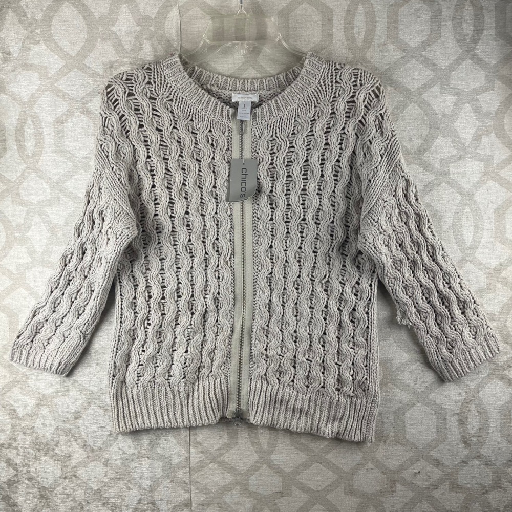 Chico's Moon Stone Zip Cardigan Women 1 Medium Beige Open Knit Cotton Sweater